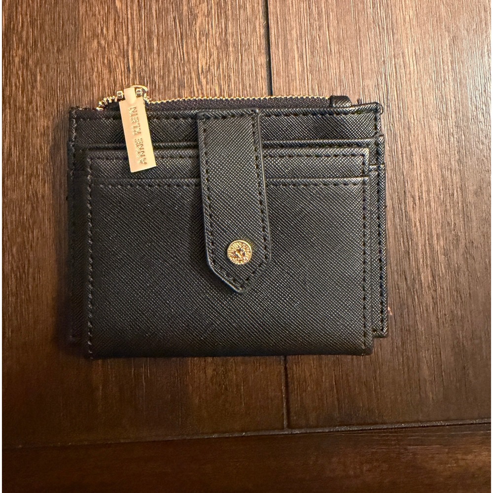 Anne Klein Black Saffiano Vegan Leather Slim Card Case Zip Wallet Gold Hardware